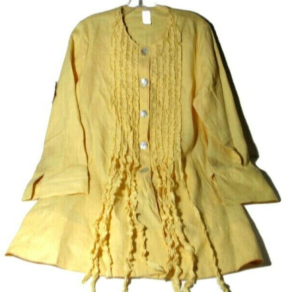 VTG 100% Linen Tunic Top Womens Twisty Tassel Deta